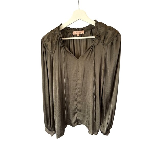Philosophy Olive Tie Neck Blouse Sz M Long Sleeve Pleated Shoulder Office Career - Picture 3 of 6